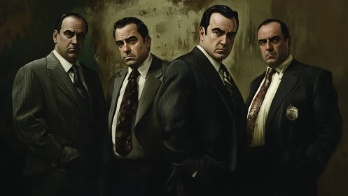 Four stern men in suits against moody textured backdrop.