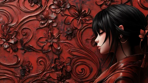 Quiet profile of a girl framed by rich red floral reliefs.