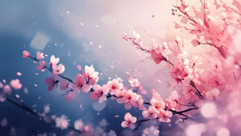 Petal-laden cherry branches drift softly through painted dusk