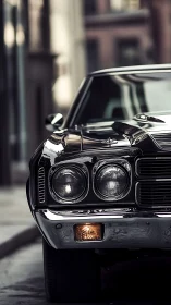 Front detail of vintage black muscle car on city street.