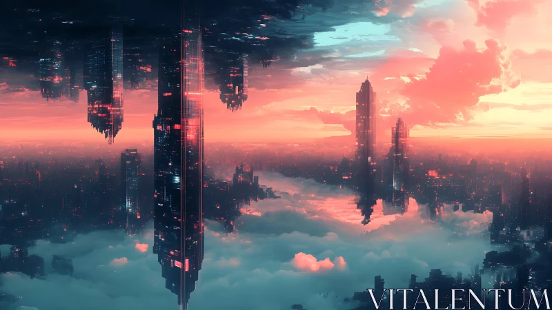 Futuristic skyscrapers rise through glowing clouds at sunset