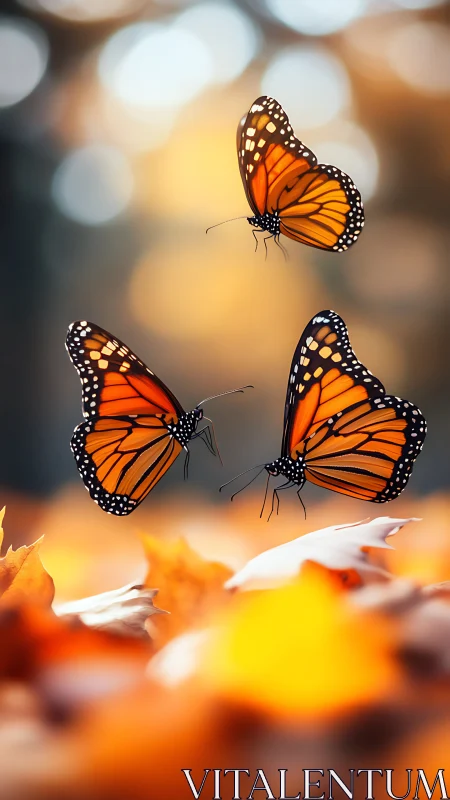 Three monarch butterflies hover above soft autumn foliage