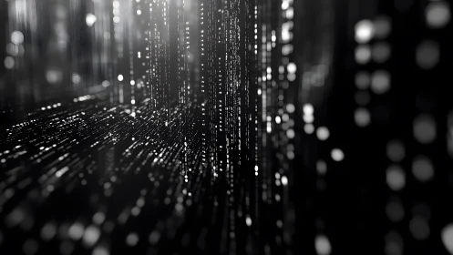 Abstract digital matrix in black and white with glowing light streaks.