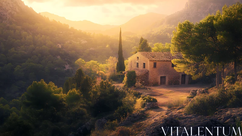 Sunlit stone farmhouse anchors a misty Mediterranean valley vista