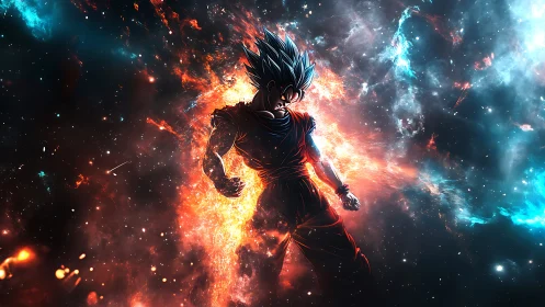 Celestial warrior ignites with cosmic power in deep space