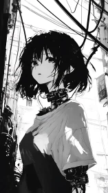 Cybernetic girl in monochrome alley with exposed wiring.