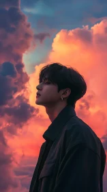 Digital portrait profile against cinematic neon dusk sky.