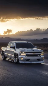 Lowered silver pickup truck under dramatic sunset sky.
