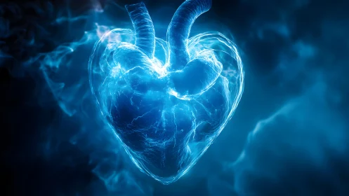 Glowing Anatomical Heart in Luminous Blue Digital Art Style.