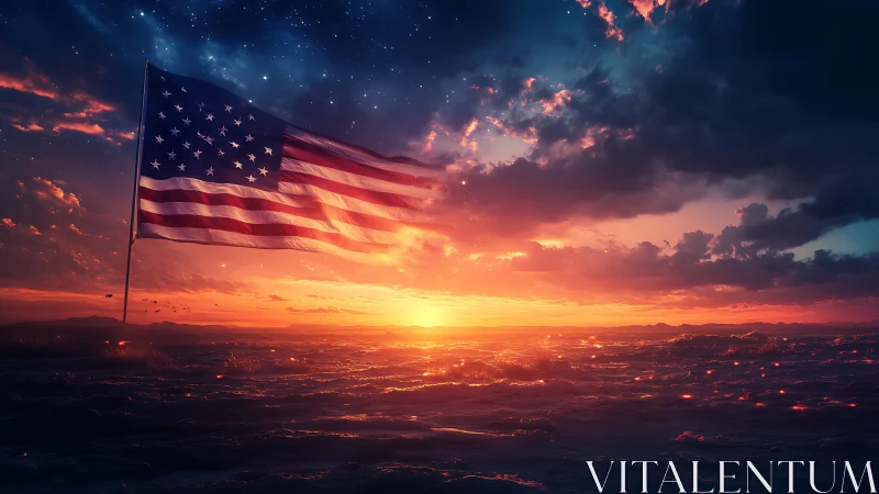 Stars and stripes drift into a cosmic ocean sunrise