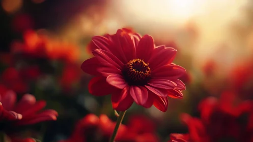 Red Gerbera Daisy Illuminated by Golden Sunlight.