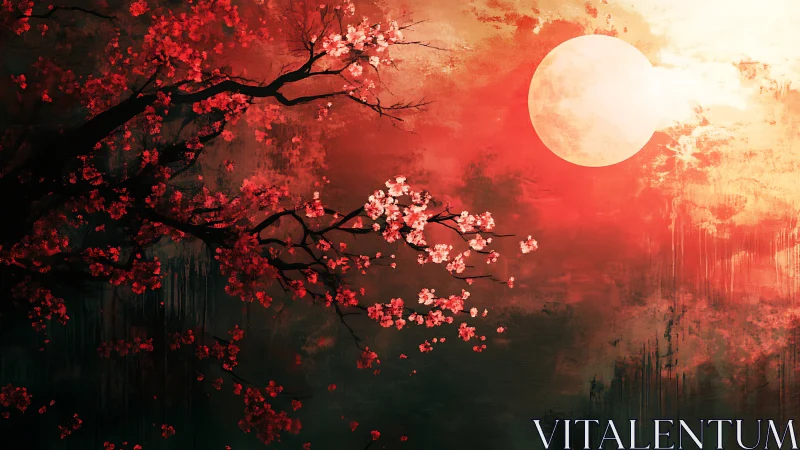Crimson cherry blossoms under full moon on textured sky.