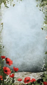 Red Poppies Border Against Weathered Concrete Wall