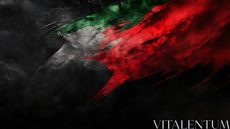 Abstract Italian flag streaks cut through dark textured void.