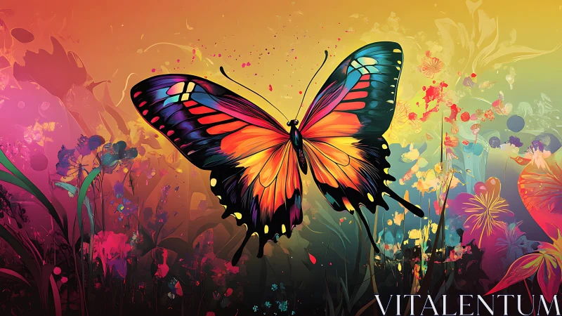 Radiant butterfly drifting through a dreamy painted garden.