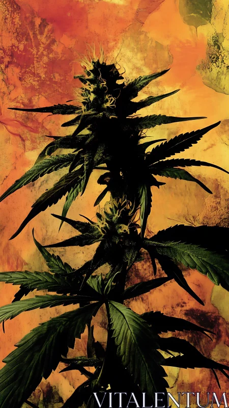 Cannabis inflorescence silhouetted against abstract fiery background