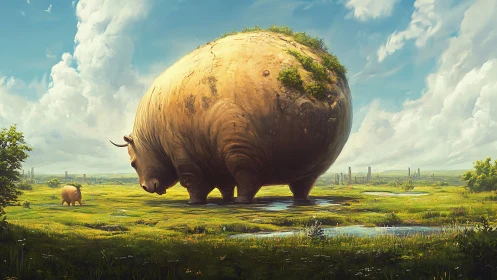 Spherical herbivores in open wetland plain under clouds.