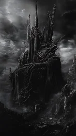 Obsidian fortress rises over storm-lashed volcanic wasteland.