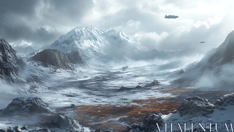 Futuristic dropships over vast glacial valley under storm light.