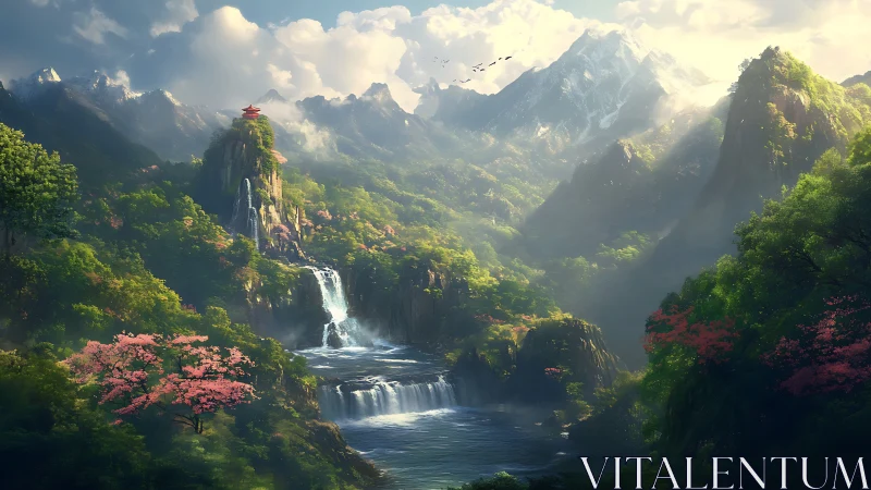 Sunlit mountain sanctuary overlooks cascading tiered waterfalls