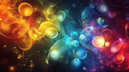 Spectral energy orbs drift through layered bokeh gradients and filaments