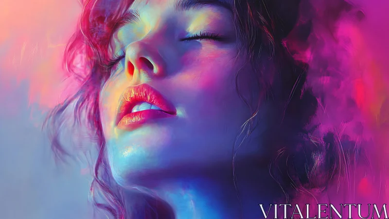 Neon-lit portrait merges serenity with vibrant color storm.