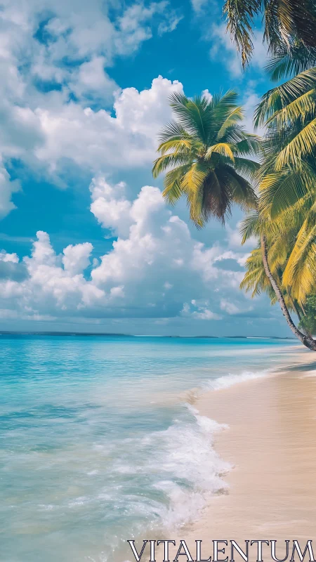 Tropical Beach Paradise with Palm Trees, White Sand, and Azure Waters.
