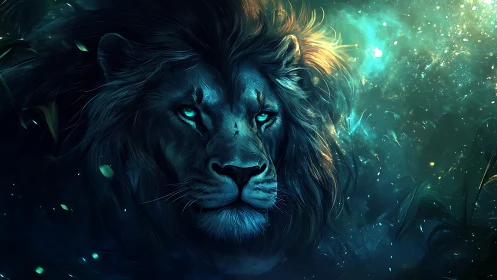 Bioluminescent lion portrait in abstract nocturnal scene.