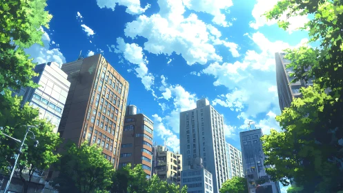 Urban midrise buildings stand beneath scattered cumulus clouds