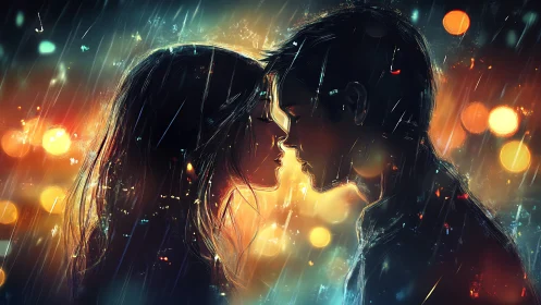 Two souls collide where neon rain dances between them