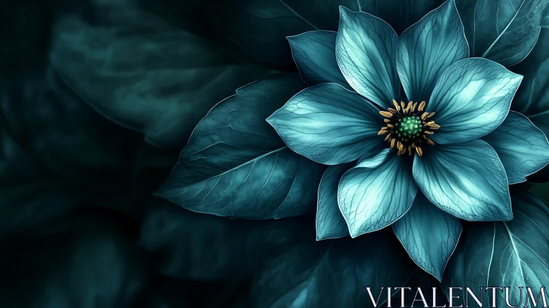 Teal flower with gold center rendered against dark foliage background
