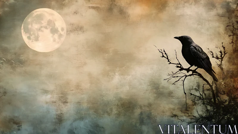 Midnight raven gossiping with a weary watercolor moon.