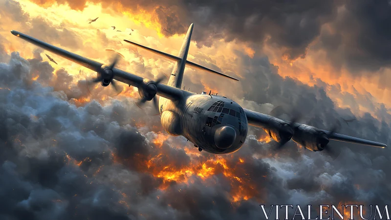 Stormbound military aircraft cuts through blazing sunset clouds