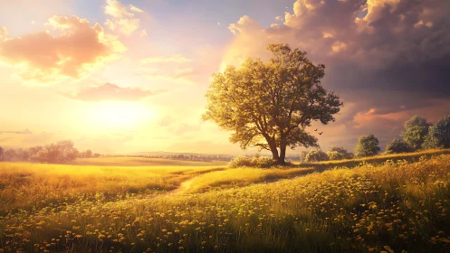 Golden meadow sunset welcomes a quiet tree and soft path