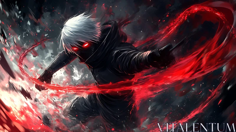 Masked combatant channels red energy arc with dynamic motion blur