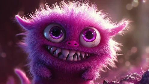 Hyperreal pink furry creature grinning under soft bokeh light