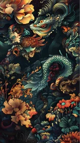 Hybrid dragon form and dense florals in vertical layout.