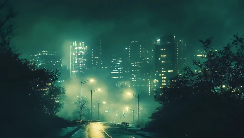 Foggy night city skyline over empty wet roadway.