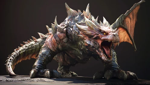 Spiked thunder dragon crouches low and roars at coming dawn