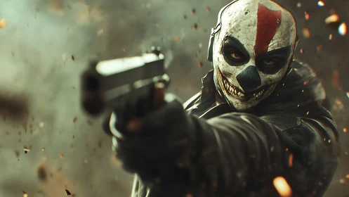 Masked gunman aiming handgun amid debris in action scene.