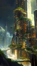 Vertical eco-megacity with luminous terraces and aerial transit corridors