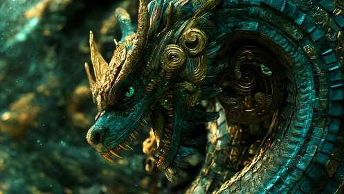 Metallic turquoise dragon head is rendered in high detail