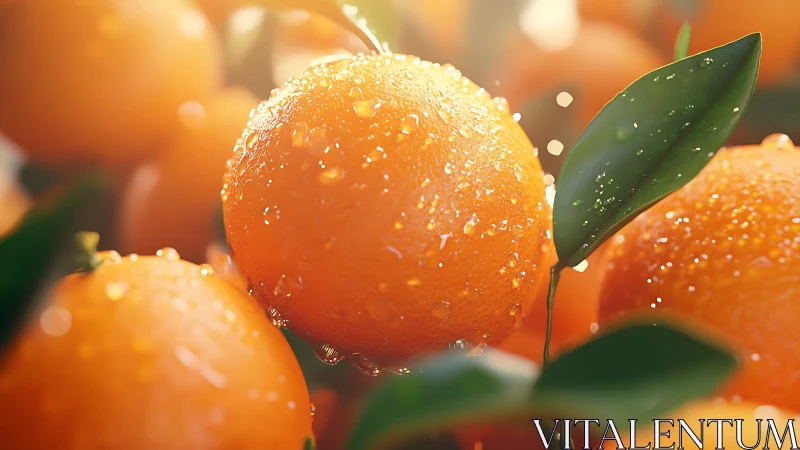 Sunlit orange tree fruit glistens with fresh morning droplets