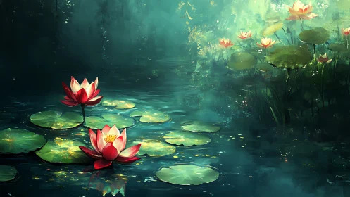 Tranquil lily pond glowing with soft, dreamlike color.