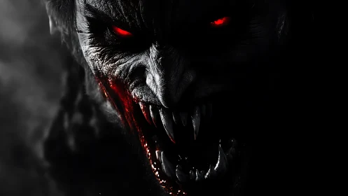 Demonic predator portrait with red eyes and bloodstained fangs.