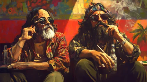 Two relaxed men in sunglasses share drinks and smoke.