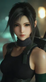 Rendered warrior portrait with soft bokeh and teal highlights.