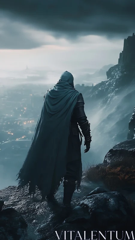 Cloaked armored figure overlooking distant valley settlement.