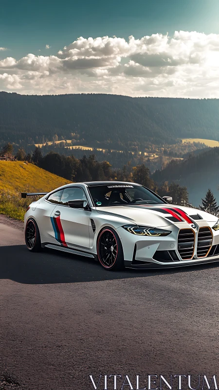 Track-tuned BMW coupe on sunlit mountain pass road.