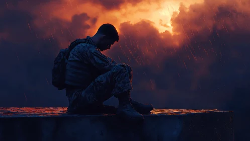 Soldier sits alone in rain against burning storm sky.